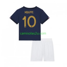 Camisolas de futebol França Mbappé 10 Criança Equipamento Principal World Cup 2022 Manga Curta